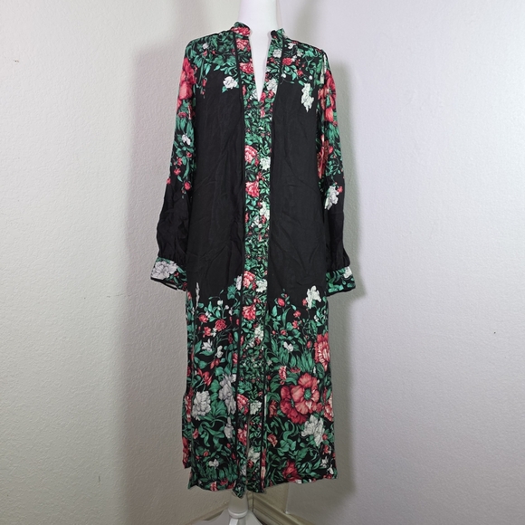 Anthropologie Floral Midi Dress Kimono Style Long Sleeve Black Multicolor Small - Picture 1 of 13